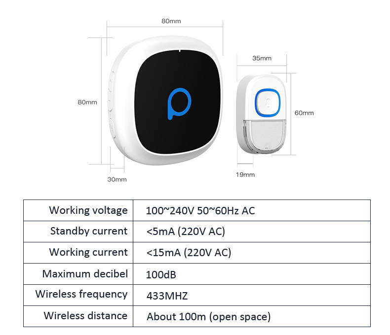 Kerui Wireless Doorbell 433MHz 32 ring tones 5 volume levels mute 100dB 100m waterproof